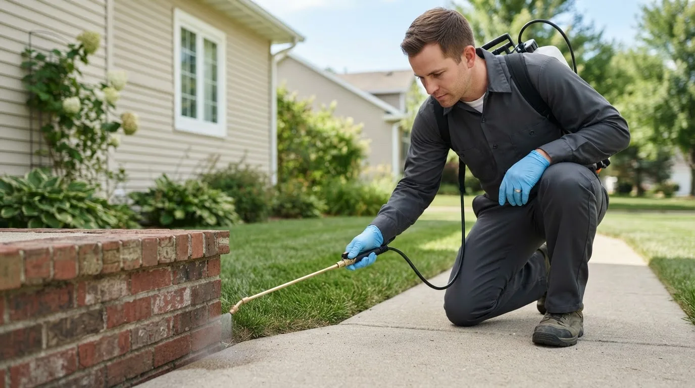 Pest control technician treating a home near Madrid, NE